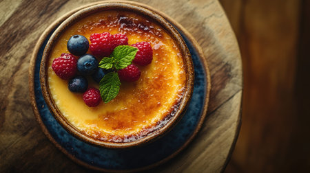Aerial shot of creamy cr garnished with vibrant berries and a mint leaf in a rustic bowl, resting on a wooden table. Open space around it allows for customizable text.の素材