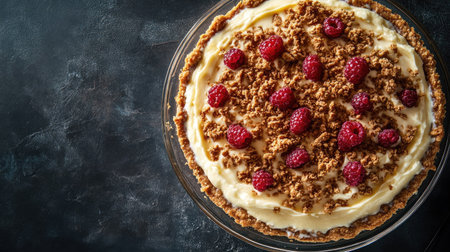 Aerial view of a creamy cottage cheese cheesecake casserole pie, garnished and beautifully arranged on a dark surface. The rich colors create an inviting dessert image.の素材