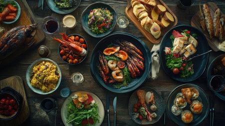 A vibrant table scene featuring an array of mouthwatering dishes, including seafood, salads, and desserts, captured from above on a rustic dark wood background for a cozy feel.の素材