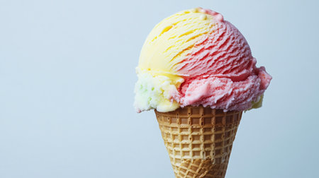 A vibrant scoop of gelato in a waffle cone, beautifully presented against a simple background with ample copy space. Perfect for promoting summer treats or dessert specials.の素材