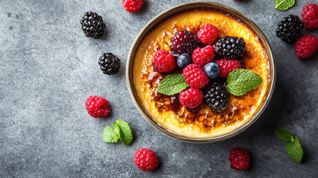 Above view of a creamy in a bowl, topped with fresh berries and mint, beautifully set against a grey table. Ample space around for text or branding.の素材