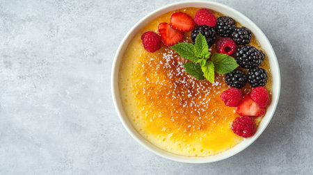 Aerial view of a bowl of cr with a caramelized top, beautifully garnished with colorful berries and mint leaves on a grey surface, with ample text space.の素材