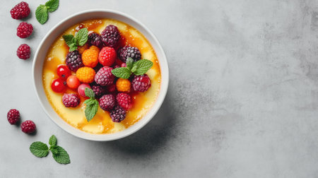 Aerial view of a delicious bowl of cr decorated with vibrant berries and mint, set against a grey tabletop. Generous space for text or logo placement. --ar 16:9 --v 6.1 Job ID: 75a24797-95e9-49f6-8381-8db050493cdbの素材