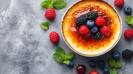 Aerial view of a bowl of cr with a caramelized top, beautifully garnished with colorful berries and mint leaves on a grey surface, with ample text space.の素材
