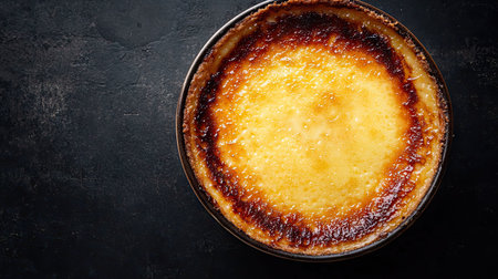 Aerial shot of cr cottage cheese cheesecake in a casserole dish, set on a dark surface. The contrast emphasizes its creamy texture, perfect for enticing dessert visuals.の素材