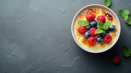 Aerial view of a delicious bowl of cr decorated with vibrant berries and mint, set against a grey tabletop. Generous space for text or logo placement. --ar 16:9 --v 6.1 Job ID: 75a24797-95e9-49f6-8381-8db050493cdbの素材