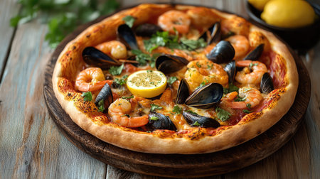 An appetizing composition of a seafood pizza featuring shrimp and mussels, garnished with herbs and lemon, presented on a rustic wooden background for a cozy dining experience.の素材