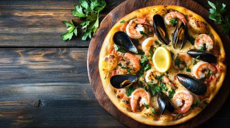 An appetizing composition of a seafood pizza featuring shrimp and mussels, garnished with herbs and lemon, presented on a rustic wooden background for a cozy dining experience.の素材