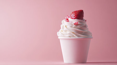 An appealing cup of strawberry ice cream set against a soft pink background, showcasing the deliciousness of this classic dessert. Ideal for summer-themed food imagery.の素材