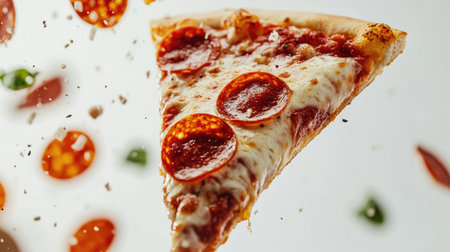 An energetic shot of a falling slice of Italian pepperoni pizza, with cheese and toppings beautifully displayed, all set against a clean white background for a fresh food appeal.の素材