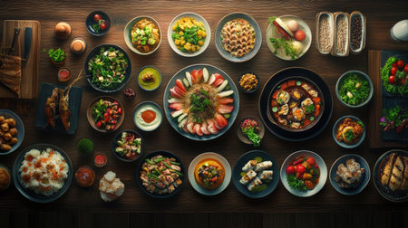 An enticing overhead composition of a table spread with delicious foods, showcasing colorful dishes and fresh ingredients, all set against a textured dark wood backdrop.の素材