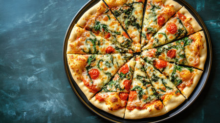 An enticing top view shot of a homemade pizza with crispy edges and a variety of toppings, perfectly sliced and arranged on a vibrant plate, ideal for food marketing.の素材