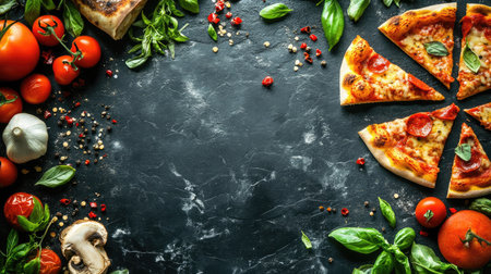 An enticing pizza banner displaying a selection of delicious pizza pieces surrounded by fresh ingredients, all captured from above on a textured black stone background, ideal for food advertising.の素材