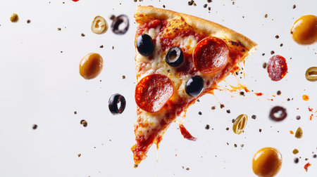 An action shot of a pepperoni pizza slice in mid-flight, adorned with vibrant olives and gooey cheese, beautifully captured against a stark white backdrop for a fun and engaging visual.の素材