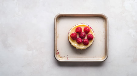 Aerial view of creamy cr topped with raspberries, elegantly positioned on a light baking sheet. Generous space around it is ideal for captioning or branding.の素材