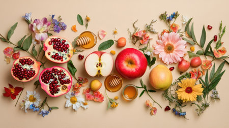 An inviting flat lay of Rosh Hashanah symbols featuring apples, honey, pomegranates, and colorful summer flowers on a beige background, ideal for a Shana Tova greeting card design.の素材
