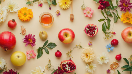 An inviting flat lay of Rosh Hashanah symbols featuring apples, honey, pomegranates, and colorful summer flowers on a beige background, ideal for a Shana Tova greeting card design.の素材