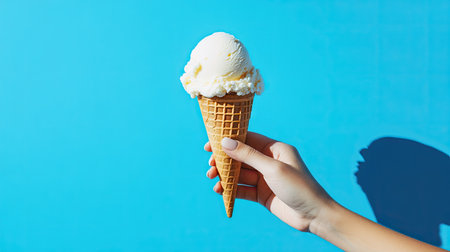 An inviting image of a hand holding an ice cream cone, isolated on a bright blue background, reminiscent of a sunny day at the beach. Perfect for summer-themed visualsの素材