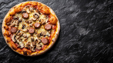 An inviting top view of a pizza showcasing savory Bavarian sausages, fresh mushrooms, and a gooey cheese layer, set against a textured black stone background for a gourmet appeal.の素材