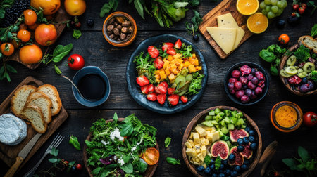 An inviting table scene showcasing a colorful array of delicious foods, including fresh fruits, artisanal cheeses, and vibrant salads, beautifully arranged on a dark wood background.の素材