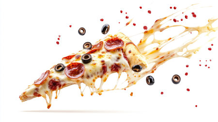 An engaging shot of a pepperoni pizza slice flying with strings of gooey cheese, topped with olives, isolated on a bright white background, perfect for playful culinary promotions.の素材
