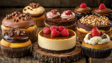 Assorted cheesecakes with different toppings--strawberry, chocolate, and caramel--surrounded by cupcakes and pastries on a rustic wooden table.の素材