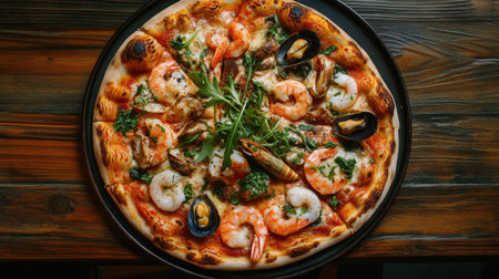 An enticing overhead shot of a seafood pizza, featuring a medley of fish, shellfish, and vibrant garnishes, artfully arranged on a warm wooden surface for a cozy dining atmosphere.の素材