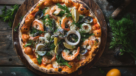 An inviting top view of a seafood pizza featuring various ocean delicacies and garnished with fresh herbs, beautifully set against a rustic wooden background for a homey feel.の素材