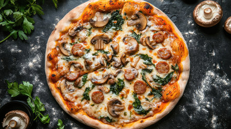 An appetizing overhead shot of a delicious pizza featuring savory Bavarian sausages, mushrooms, and a generous layer of melted cheese, presented on a dark stone surface.の素材