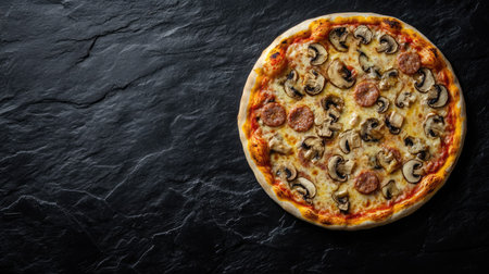 An inviting top view of a pizza showcasing savory Bavarian sausages, fresh mushrooms, and a gooey cheese layer, set against a textured black stone background for a gourmet appeal.の素材