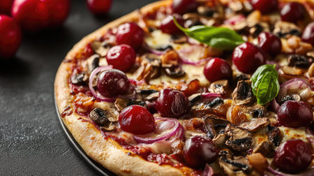 An appetizing close-up of a delicious pizza featuring vibrant cherries, caramelized onions, and fresh mushrooms, set against a dark background to emphasize the rich colors and textures.の素材
