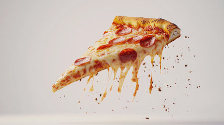 An action-packed image of a pepperoni pizza slice tumbling down, with gooey cheese stretching, against a stark white background, perfect for adding a fun element to food marketing.の素材