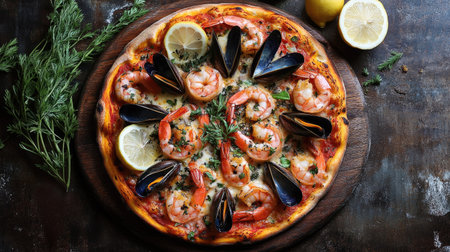 An appetizing composition of a seafood pizza featuring shrimp and mussels, garnished with herbs and lemon, presented on a rustic wooden background for a cozy dining experience.の素材