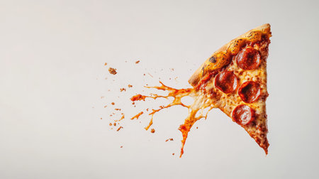 An action-packed image of a pepperoni pizza slice tumbling down, with gooey cheese stretching, against a stark white background, perfect for adding a fun element to food marketing.の素材