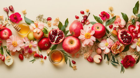 An elegant top view of Rosh Hashanah items, including apples, honey, pomegranates, and vibrant summer flowers, isolated on a light beige backdrop, ideal for a Shana Tova card design.の素材