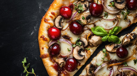 An appetizing close-up of a delicious pizza featuring vibrant cherries, caramelized onions, and fresh mushrooms, set against a dark background to emphasize the rich colors and textures.の素材