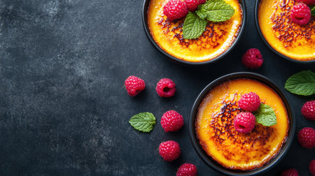 Aerial view of rich crdecorated with fresh raspberries and mint leaves, elegantly served on a dark table. The composition offers ample room for text or branding.の素材