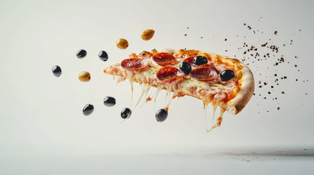 An action shot of a pepperoni pizza slice in mid-flight, adorned with vibrant olives and gooey cheese, beautifully captured against a stark white backdrop for a fun and engaging visual.の素材