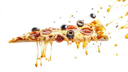 An engaging shot of a pepperoni pizza slice flying with strings of gooey cheese, topped with olives, isolated on a bright white background, perfect for playful culinary promotions.の素材