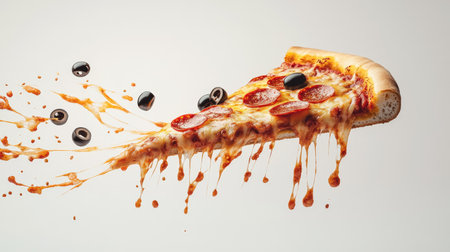 An engaging shot of a pepperoni pizza slice flying with strings of gooey cheese, topped with olives, isolated on a bright white background, perfect for playful culinary promotions.の素材