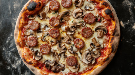 An appetizing overhead shot of a delicious pizza featuring savory Bavarian sausages, mushrooms, and a generous layer of melted cheese, presented on a dark stone surface.の素材