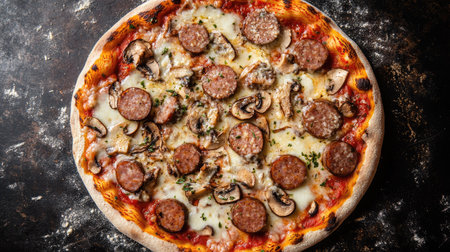 An appetizing overhead shot of a delicious pizza featuring savory Bavarian sausages, mushrooms, and a generous layer of melted cheese, presented on a dark stone surface.の素材