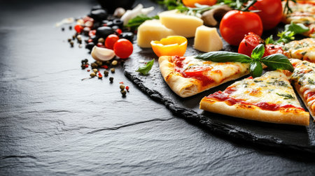 An inviting pizza banner featuring a collection of colorful pizza slices and fresh ingredients, beautifully arranged on a black stone surface, ideal for engaging food enthusiasts.の素材