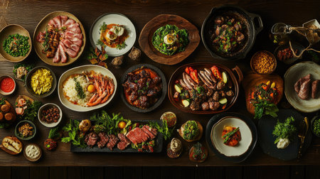 An enticing overhead composition of a table spread with delicious foods, showcasing colorful dishes and fresh ingredients, all set against a textured dark wood backdrop.の素材