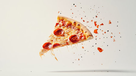 An engaging image of a pepperoni pizza slice falling, caught mid-motion with cheese and toppings flying, set on a simple white background for a bold and appetizing effectの素材