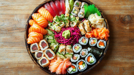 An enticing top view of a colorful Asian food platter including sushi rolls, dumplings, and vibrant vegetables, beautifully arranged on a rustic table, perfect for showcasing culinary diversity.の素材
