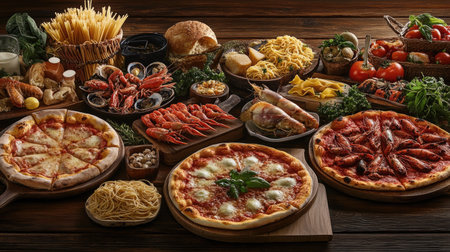 An inviting spread featuring an assortment of Italian delicacies including pizza, pasta, and fresh seafood, elegantly arranged on a rustic wooden table, ideal for food marketing.の素材