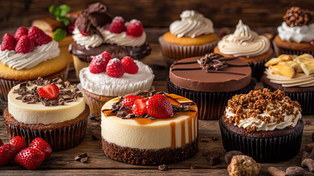 Assorted cheesecakes with different toppings--strawberry, chocolate, and caramel--surrounded by cupcakes and pastries on a rustic wooden table.の素材