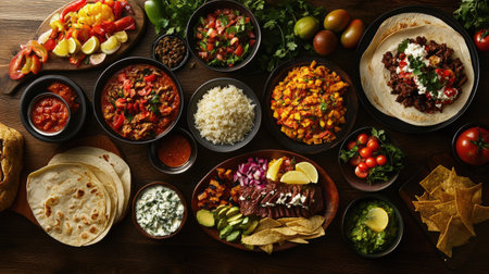 An enticing overhead composition of a table spread with delicious foods, showcasing colorful dishes and fresh ingredients, all set against a textured dark wood backdrop.の素材