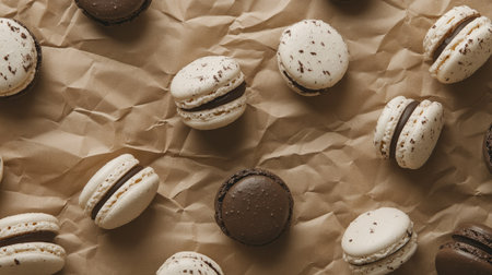 Assorted white and dark macarons with chocolate filling, scattered across a textured brown paper background. Hard light accentuates the texture and contrast.の素材